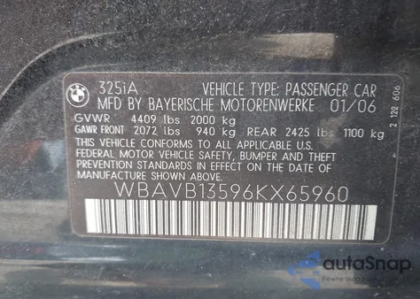 2006 BMW 325I из США, поврежденный, VIN WBAVB13596KX65960